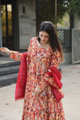 Muslin Crossed Embroidery Kurta Set with Micro Cotton Pants & Georgette Dupatta