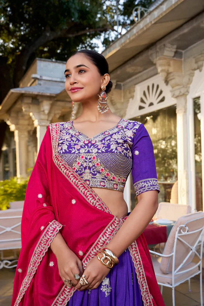 Elegant Vichitra Silk Lehenga Set with Sequins & Thread Embroidery