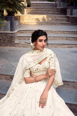Stunning Silver Glossy Lehenga Set with Sequins, Embroidery & Foil Work – Stitched Lehenga with Drawstring Closure