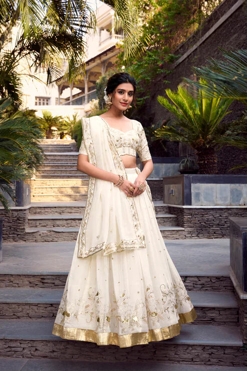 Stunning Silver Glossy Lehenga Set with Sequins, Embroidery & Foil Work – Stitched Lehenga with Drawstring Closure