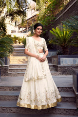 Stunning Silver Glossy Lehenga Set with Sequins, Embroidery & Foil Work – Stitched Lehenga with Drawstring Closure