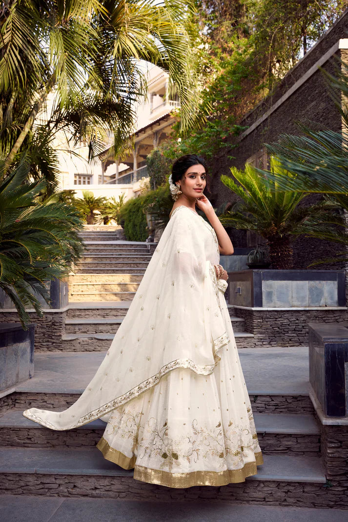 Stunning Silver Glossy Lehenga Set with Sequins, Embroidery & Foil Work – Stitched Lehenga with Drawstring Closure