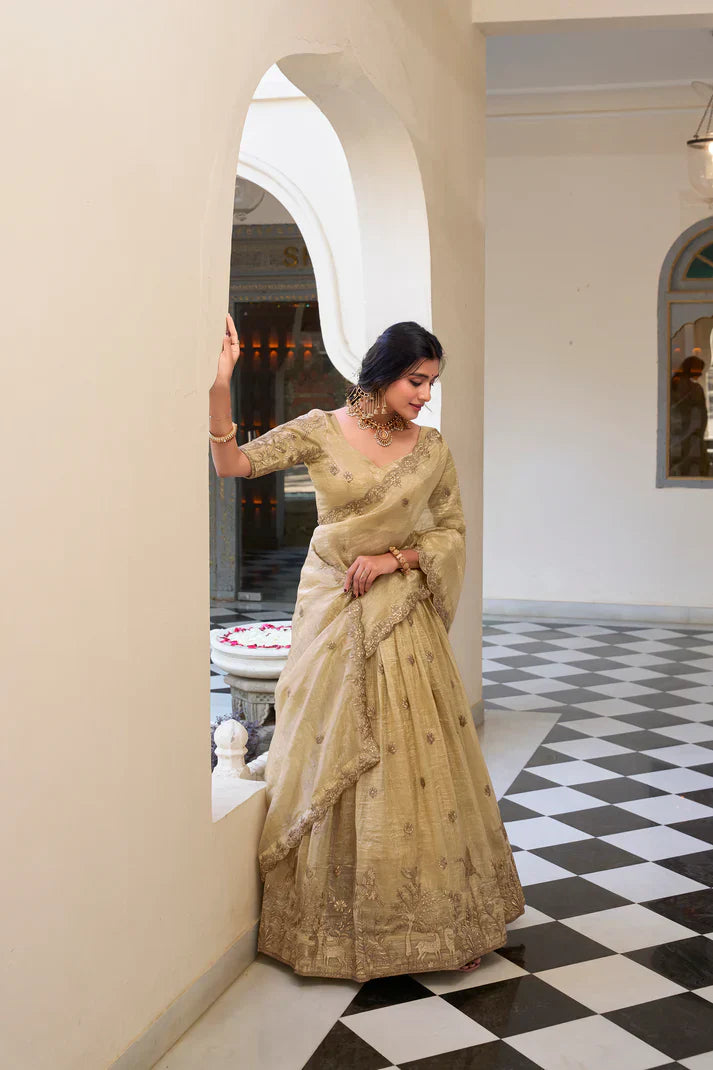 Elegant Gold Crush Lehenga Set with Sequins & Thread Embroidery
