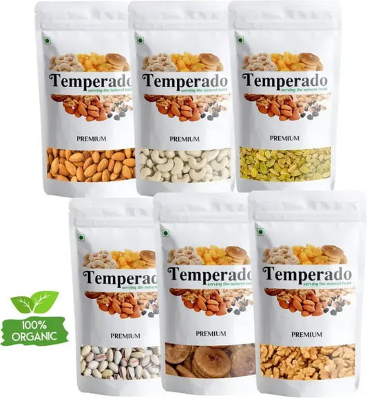 Temperado Dry Fruits Combo Pack 1 250gm*6 1 Kaju Badam Pista Kishmish Anjeer Akhrot Ciril Almonds, Cashews, Figs, Pistachios, Raisins, Walnuts (6 x 250 g)