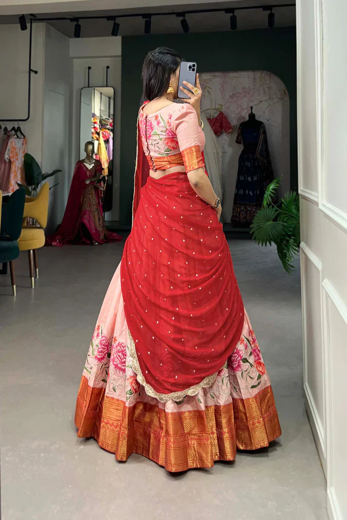 Stylish Cotton Silk Lehenga with Detailed Thread Work and Sequined Georgette Dupatta
