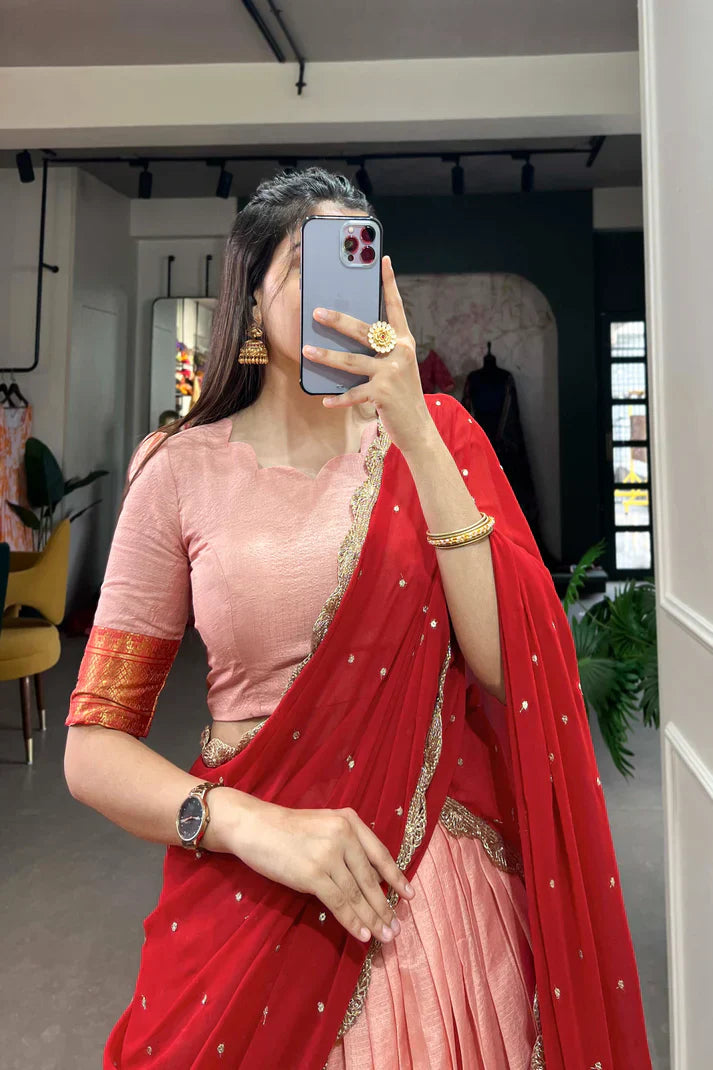 Stylish Cotton Silk Lehenga with Detailed Thread Work and Sequined Georgette Dupatta