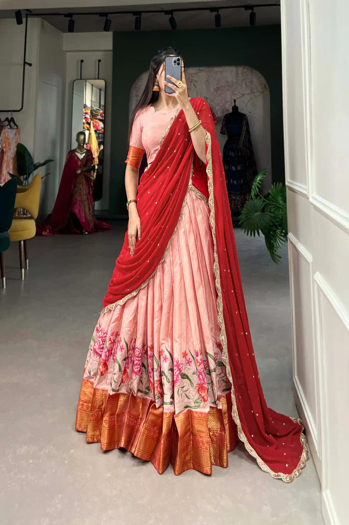 Stylish Cotton Silk Lehenga with Detailed Thread Work and Sequined Georgette Dupatta