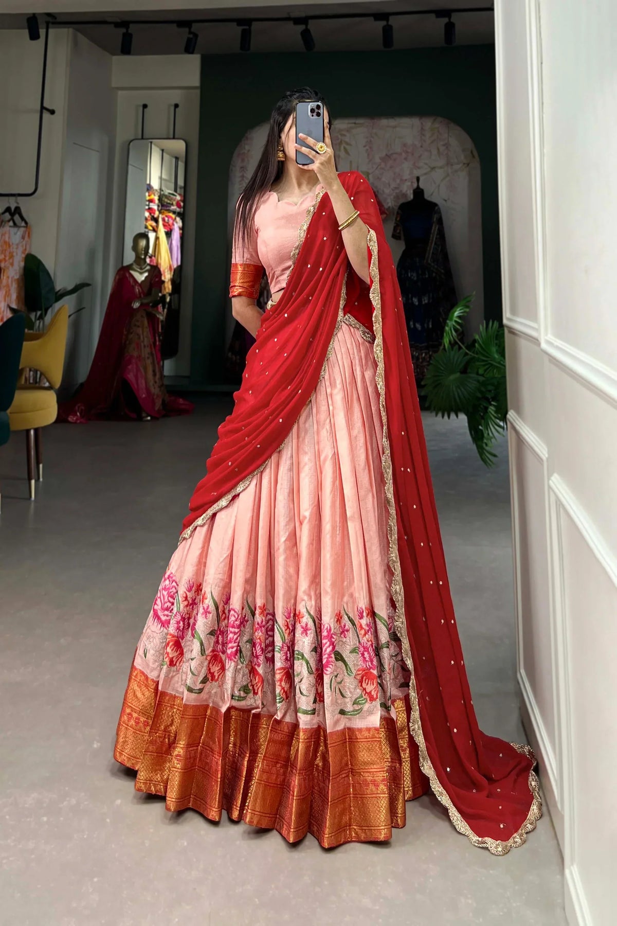 Stylish Cotton Silk Lehenga with Detailed Thread Work and Sequined Georgette Dupatta