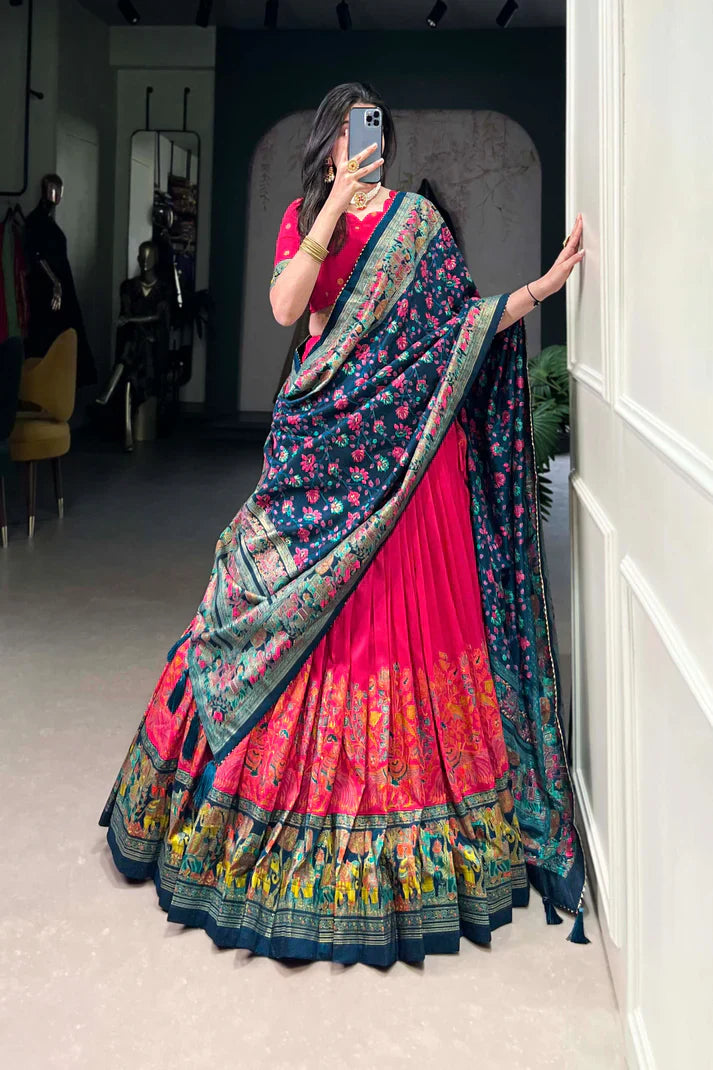 Elegant Tussar Silk Lehenga with Foil Print and Gotta Patti Lace Dupatta
