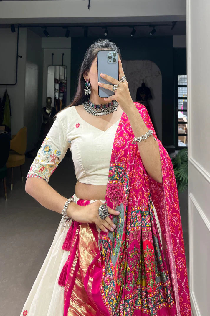 Khadi Cotton Embroidered Lehenga Set with Sequin Work & Gaji Silk Dupatta – Traditional Festive Wear