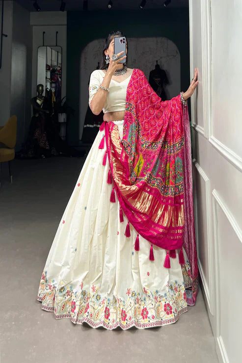 Khadi Cotton Embroidered Lehenga Set with Sequin Work & Gaji Silk Dupatta – Traditional Festive Wear