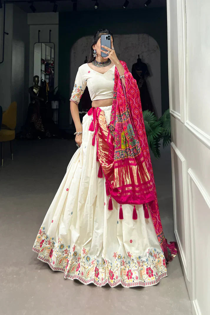 Khadi Cotton Embroidered Lehenga Set with Sequin Work & Gaji Silk Dupatta – Traditional Festive Wear