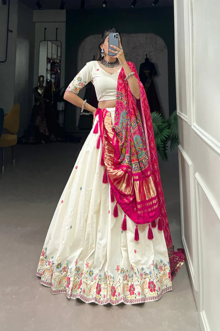 Khadi Cotton Embroidered Lehenga Set with Sequin Work & Gaji Silk Dupatta – Traditional Festive Wear