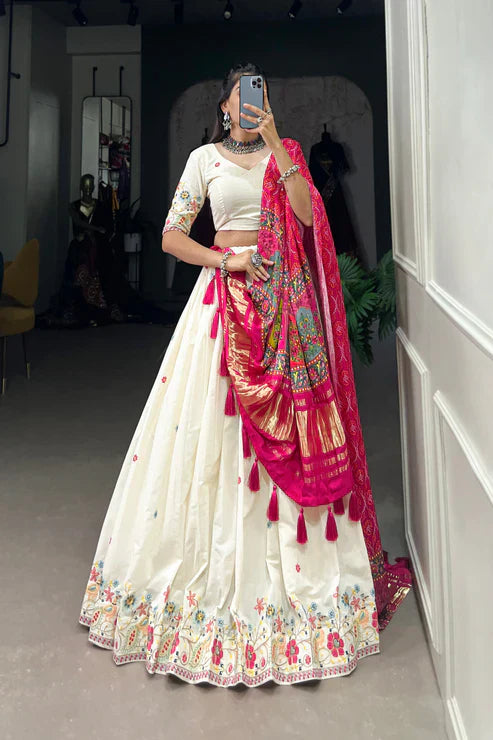 Khadi Cotton Embroidered Lehenga Set with Sequin Work & Gaji Silk Dupatta – Traditional Festive Wear
