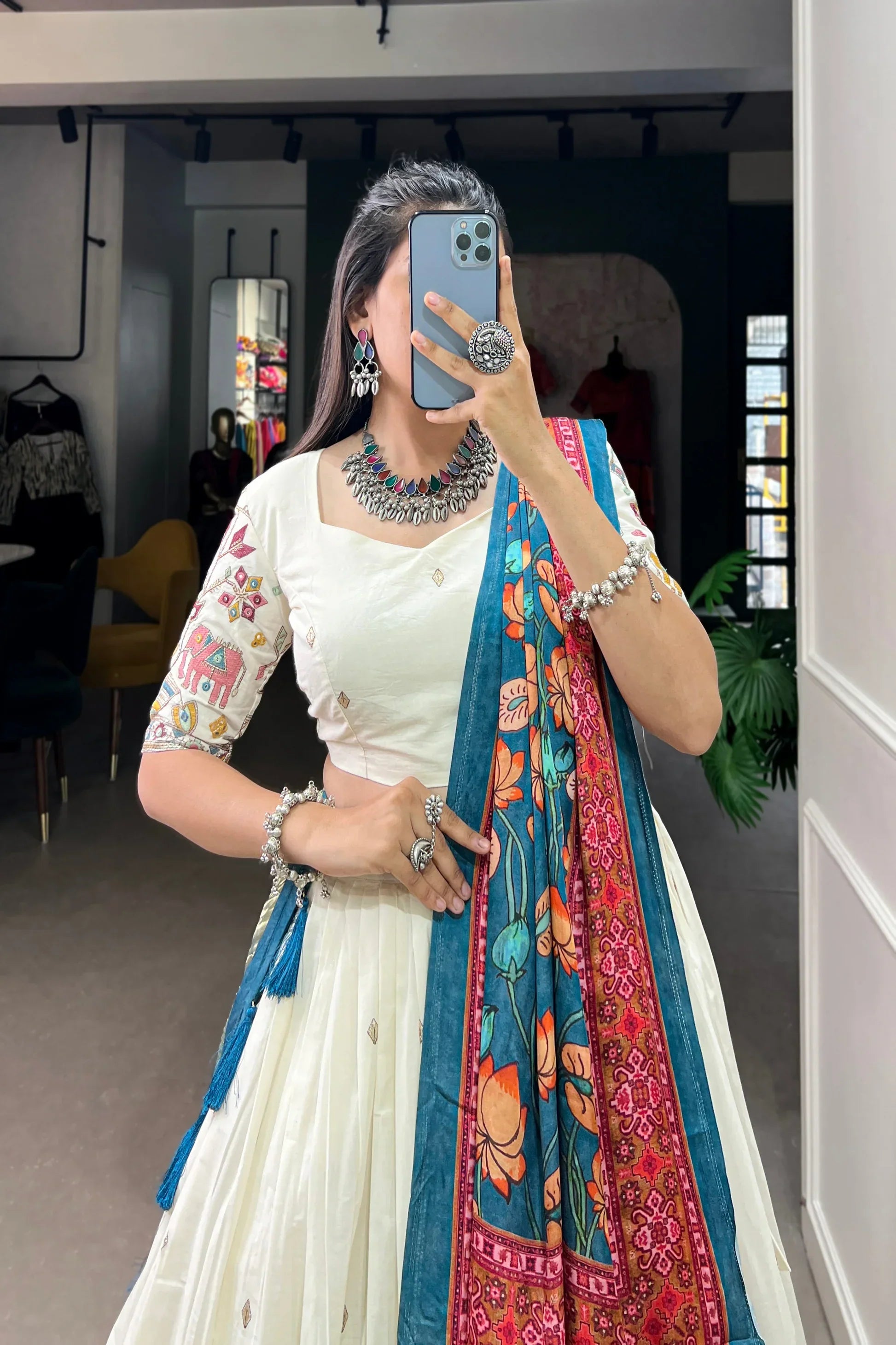 Khadi Cotton Lehenga Set with Sequins & Thread Embroidery and Gaji Silk Dupatta