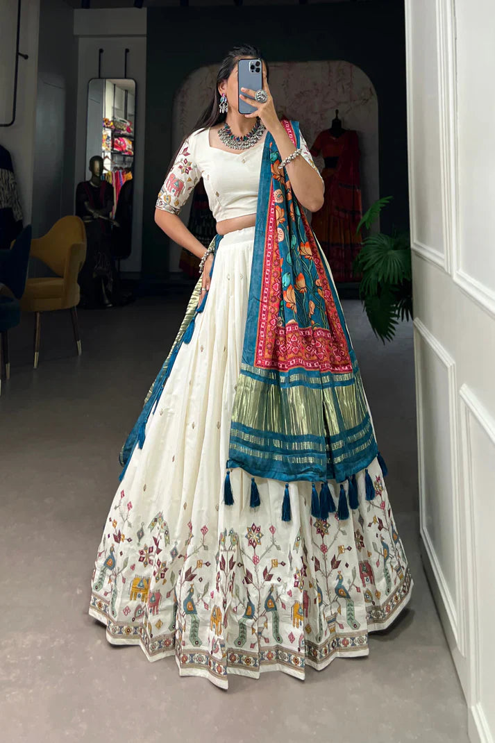 Khadi Cotton Lehenga Set with Sequins & Thread Embroidery and Gaji Silk Dupatta
