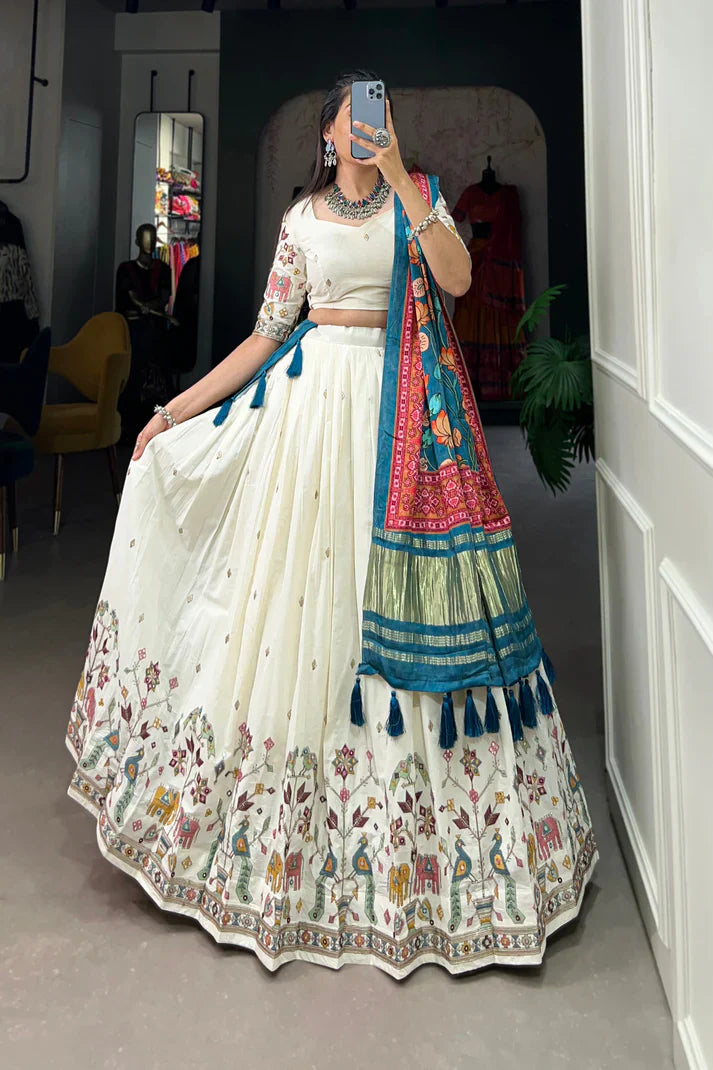 Khadi Cotton Lehenga Set with Sequins & Thread Embroidery and Gaji Silk Dupatta