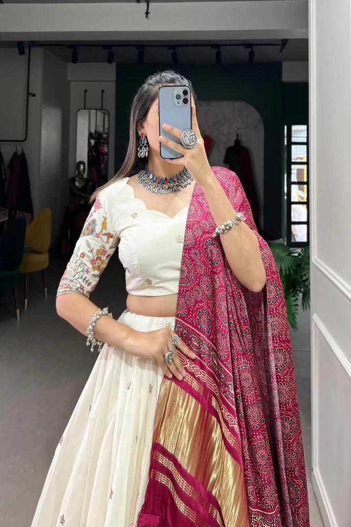 Stitched Khadi Cotton Lehenga Set with Sequins & Thread Embroidery