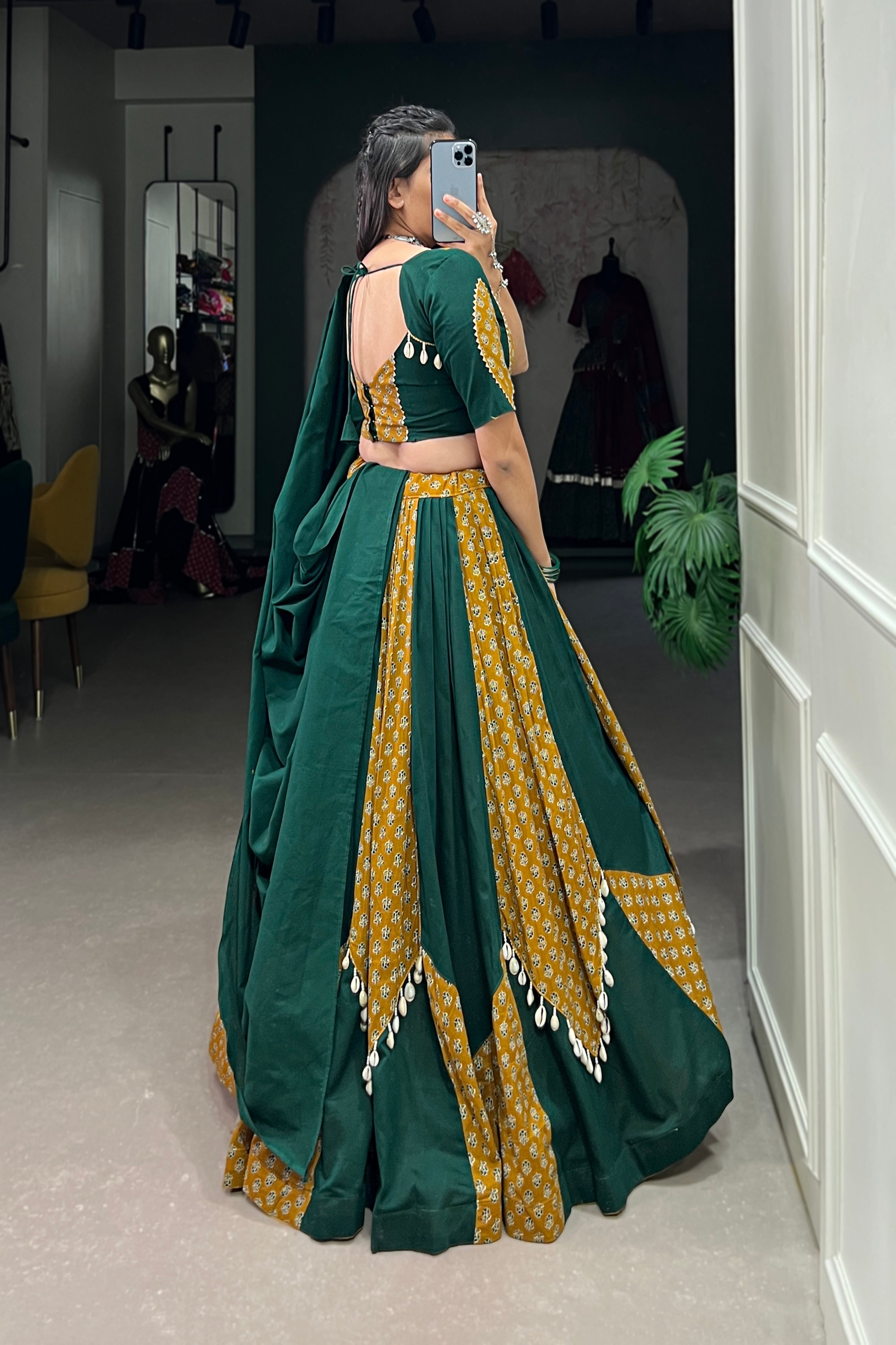 Mustard & Green Cotton Chaniya Choli with Cowrie Lace for Navratri Festival