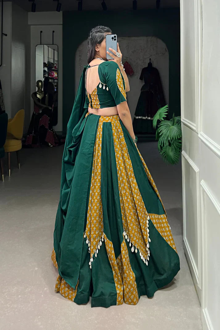 Mustard & Green Pure Cotton Chaniya Choli with Cowrie (Kodi) Lace – Perfect for Navratri Festivities