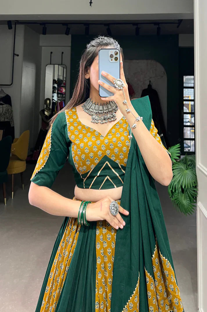 Mustard & Green Pure Cotton Chaniya Choli with Cowrie (Kodi) Lace – Perfect for Navratri Festivities