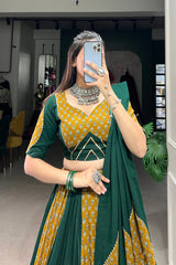 Mustard & Green Pure Cotton Chaniya Choli with Cowrie (Kodi) Lace – Perfect for Navratri Festivities