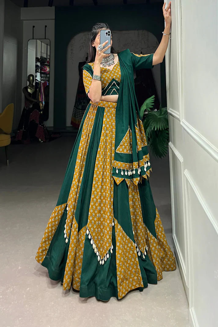 Mustard & Green Pure Cotton Chaniya Choli with Cowrie (Kodi) Lace – Perfect for Navratri Festivities