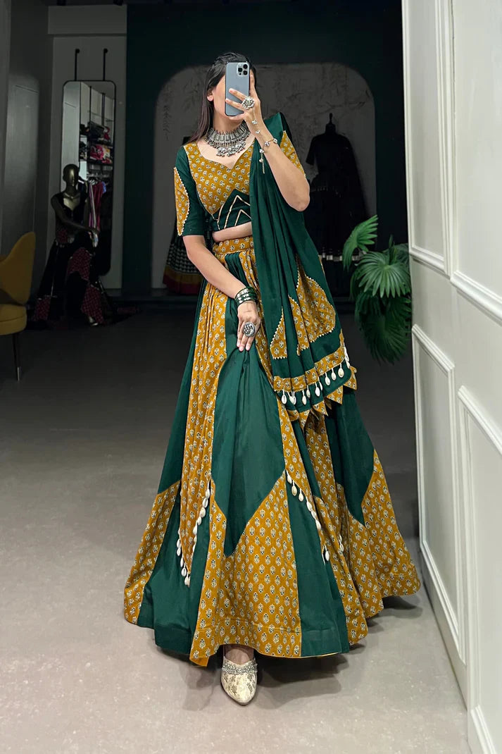 Mustard & Green Pure Cotton Chaniya Choli with Cowrie (Kodi) Lace – Perfect for Navratri Festivities
