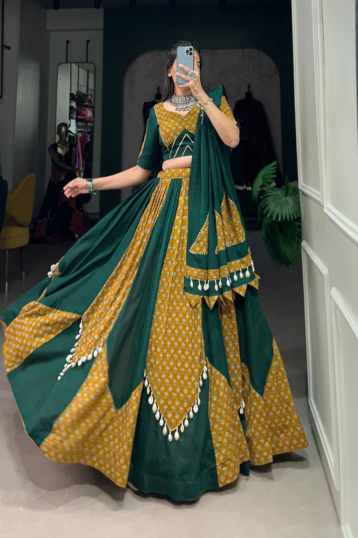 Mustard & Green Pure Cotton Chaniya Choli with Cowrie (Kodi) Lace – Perfect for Navratri Festivities