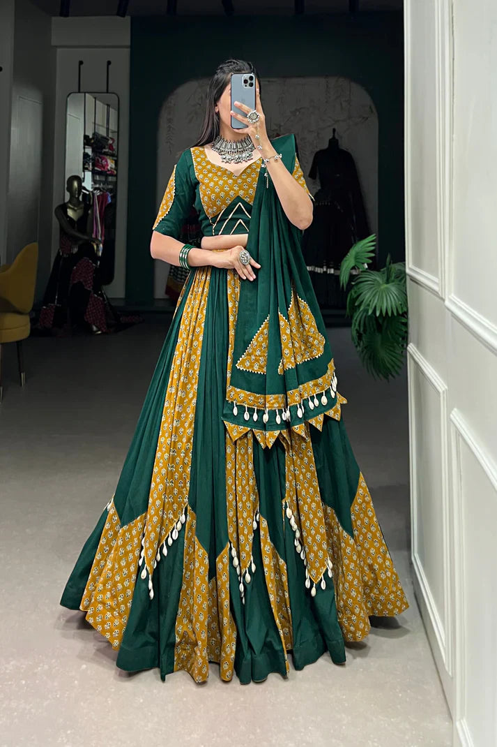 Mustard & Green Pure Cotton Chaniya Choli with Cowrie (Kodi) Lace – Perfect for Navratri Festivities