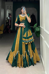 Mustard & Green Pure Cotton Chaniya Choli with Cowrie (Kodi) Lace – Perfect for Navratri Festivities