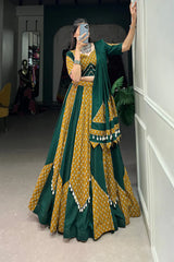 Mustard & Green Pure Cotton Chaniya Choli with Cowrie (Kodi) Lace – Perfect for Navratri Festivities