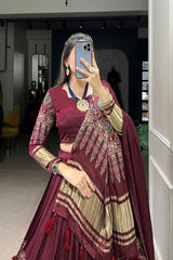 Elegant Gaji Silk Lehenga Set with Digital Print & Lagadi Patta – Stitched Lehenga with Tassel Drawstring