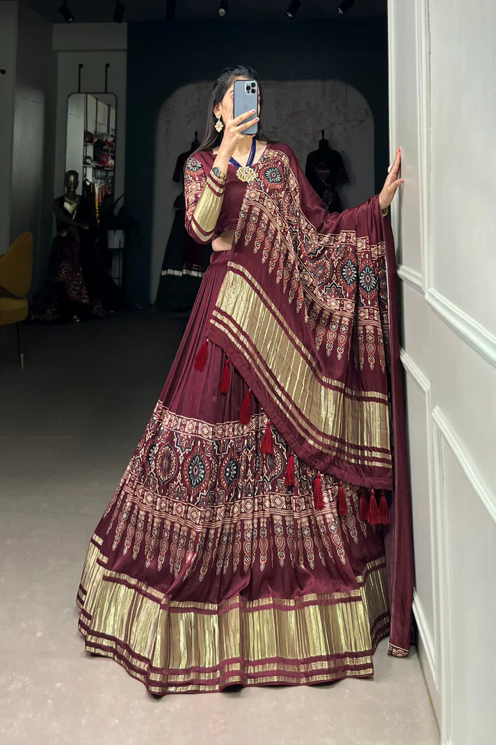 Elegant Gaji Silk Lehenga Set with Digital Print & Lagadi Patta – Stitched Lehenga with Tassel Drawstring