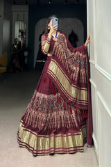 Elegant Gaji Silk Lehenga Set with Digital Print & Lagadi Patta – Stitched Lehenga with Tassel Drawstring