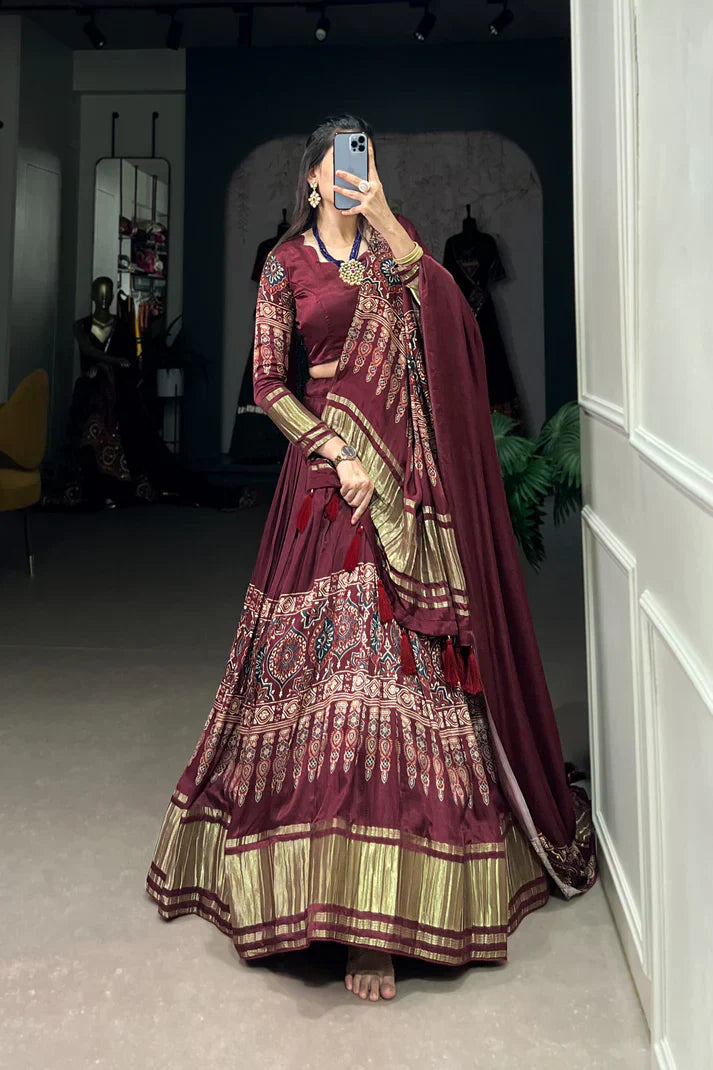 Elegant Gaji Silk Lehenga Set with Digital Print & Lagadi Patta – Stitched Lehenga with Tassel Drawstring