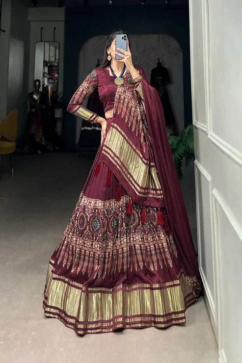 Elegant Gaji Silk Lehenga Set with Digital Print & Lagadi Patta – Stitched Lehenga with Tassel Drawstring