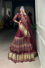 Elegant Gaji Silk Lehenga Set with Digital Print & Lagadi Patta – Stitched Lehenga with Tassel Drawstring