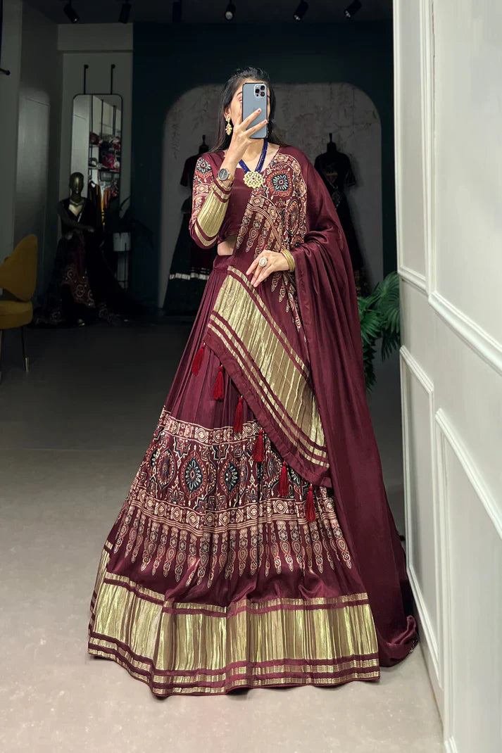 Elegant Gaji Silk Lehenga Set with Digital Print & Lagadi Patta – Stitched Lehenga with Tassel Drawstring