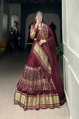 Elegant Gaji Silk Lehenga Set with Digital Print & Lagadi Patta – Stitched Lehenga with Tassel Drawstring