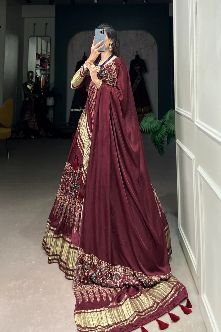 Elegant Gaji Silk Lehenga Set with Digital Print & Lagadi Patta – Stitched Lehenga with Tassel Drawstring