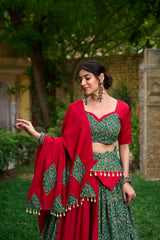Pure Cotton Lehenga with Gota Patti, Mirror Work & Cowrie Lace Purse