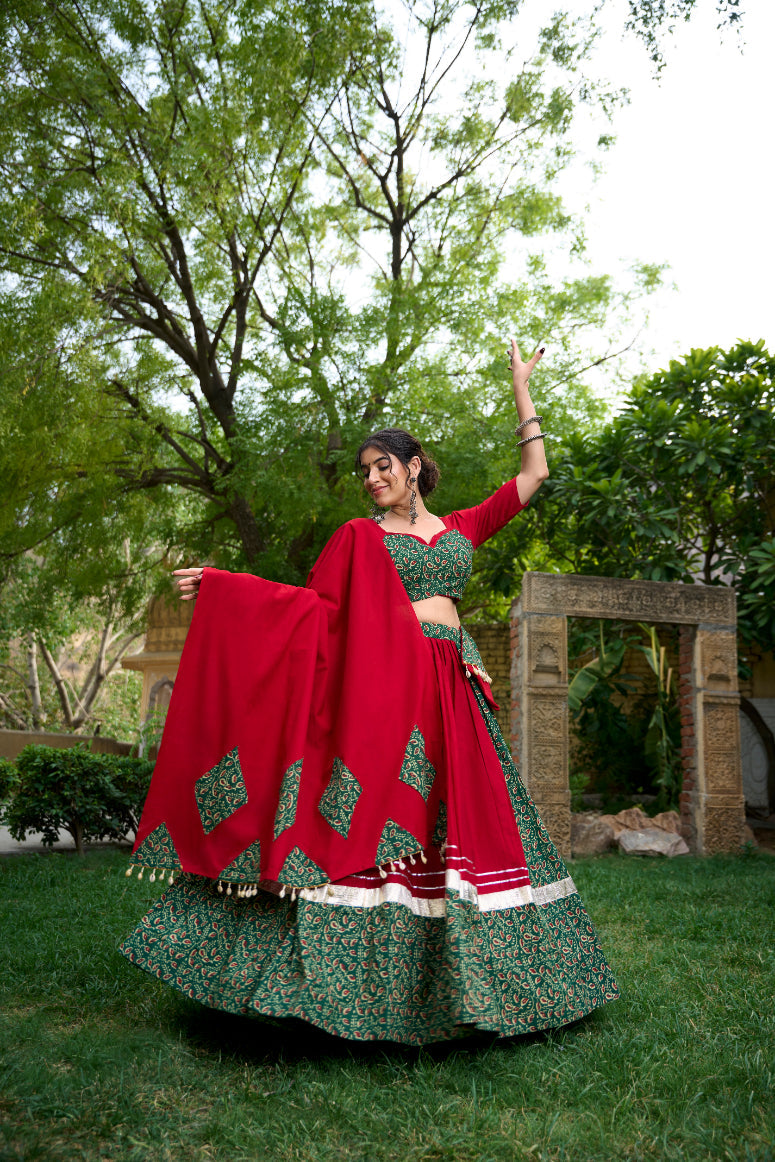 Pure Cotton Lehenga with Gota Patti, Mirror Work & Cowrie Lace Purse