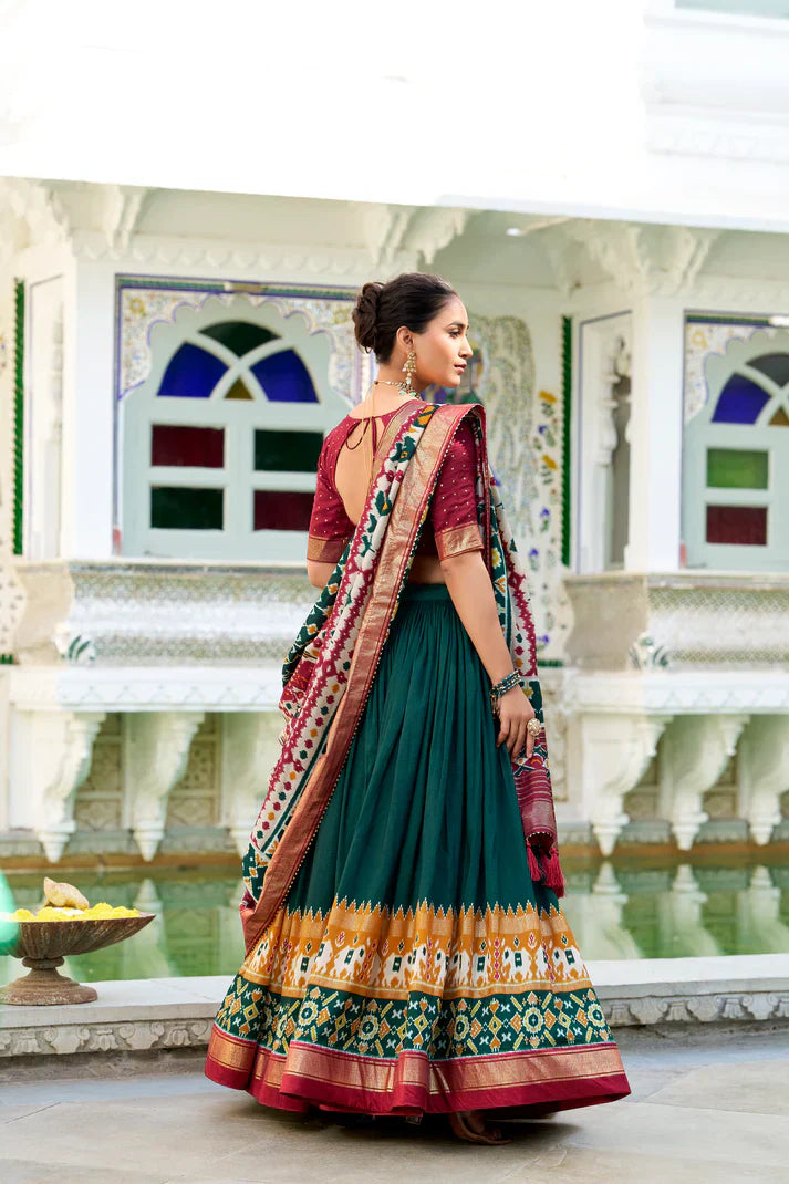 Stitched Tussar Silk Lehenga Set with Patola Print & Foil Work