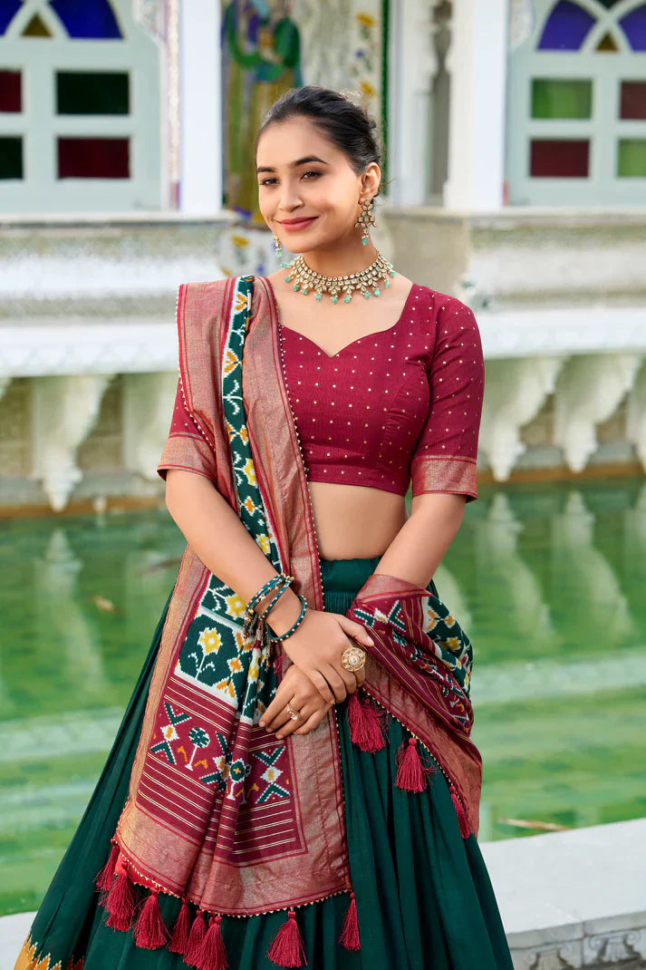 Stitched Tussar Silk Lehenga Set with Patola Print & Foil Work