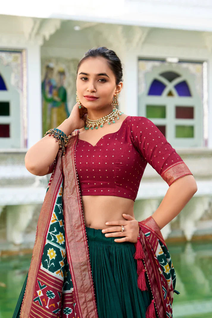 Stitched Tussar Silk Lehenga Set with Patola Print & Foil Work