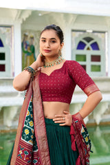 Stitched Tussar Silk Lehenga Set with Patola Print & Foil Work
