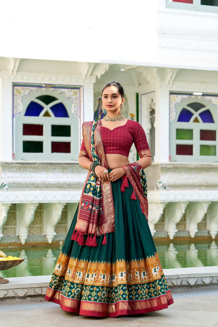 Stitched Tussar Silk Lehenga Set with Patola Print & Foil Work