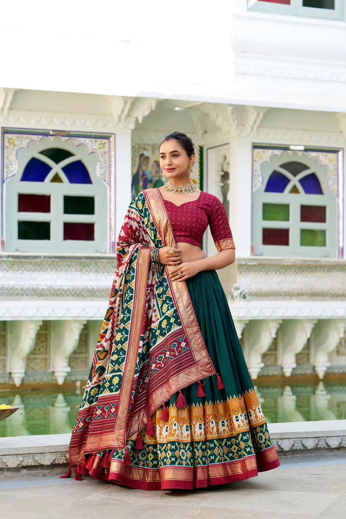 Stitched Tussar Silk Lehenga Set with Patola Print & Foil Work