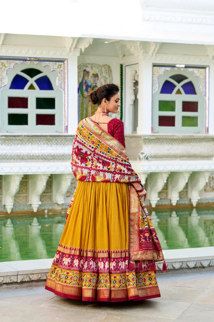 Stitched Tussar Silk Lehenga Set with Patola Print and Foil Works